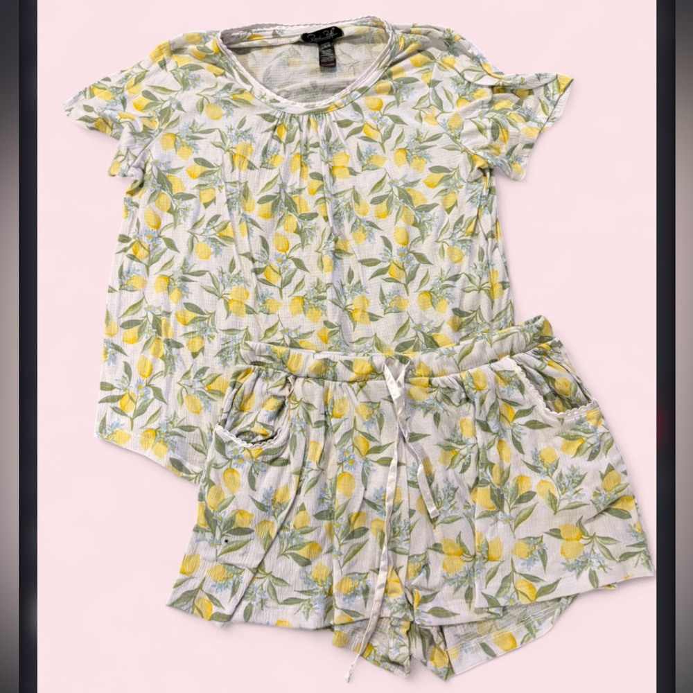 Rene Rofe Lemon Print Pajama Set Size L Matching Lounge Set